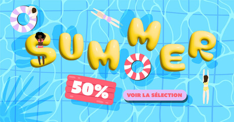 Fototapeta premium Banner summer with pool and buoy illustration. Advertising, flyer, card, banner web, background