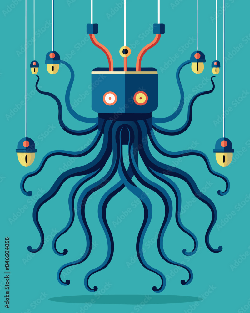 Poster wires and coding lines dangle from its body like tentacles connecting it to the digital realm.. vect