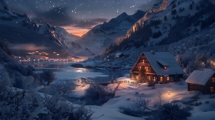 Cozy Cabin Nestled in Snowy Valley Under Starlit Sky Captivating Winter Landscape Scene