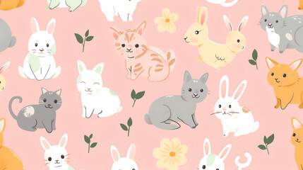 An enchanting pattern showcasing adorable animals like bunnies, kittens, and foxes on a pastel pink background. The cute illustrations are perfect for children’s apparel or room decor