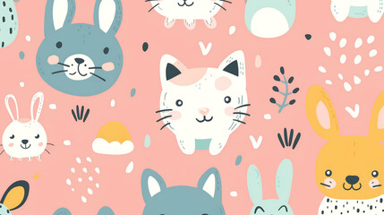 A delightful pattern featuring adorable animals such as bunnies, kittens, and foxes against a soft pink background. The illustrations are playful and cute, perfect for children’s products or nursery