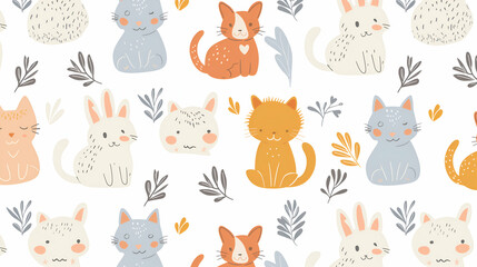 A heartwarming pattern featuring a variety of cute animals such as rabbits, cats, and hedgehogs illustrated in soft pastel colors on a white background. Ideal for children’s fabric or wallpaper design
