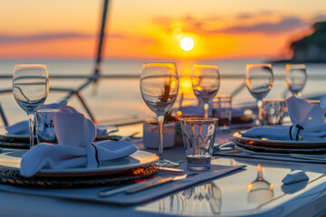 Elegant dinner setup on a yacht at sunset with beautifully arranged plates, glasses, and a golden sunset reflecting on the ocean.