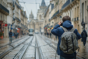 Man with a backpack walking on tram tracks in a European city, talking on his phone on a rainy day.
