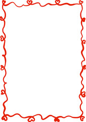 Cute decorative vector frame with hearts. A clipart element in hand-drawn style. Scribble. Isolated decoration in red color. Suitable for wedding or birthday invitation, poster, menu, greeting card.