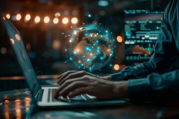 Person using a laptop with a futuristic holographic display of a digital globe and data connections.