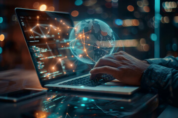 Person using a laptop with a futuristic holographic display of a digital globe and data connections.