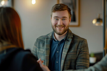 Young businessman in a blue suit presenting with a microphone and flipchart in a professional setting.