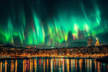 Cityscape at night with Northern Lights illuminating the sky above a waterfront, reflecting in the water.