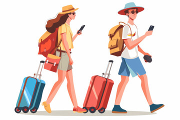 Illustration of a couple traveling with luggage and backpacks, using smartphones, wearing casual summer clothes.