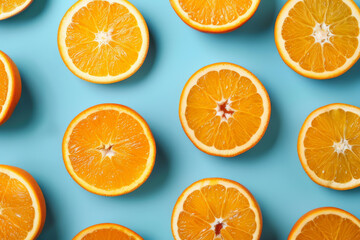 Freshly sliced oranges arranged neatly on a light blue background, showcasing vibrant orange segments and natural juiciness.