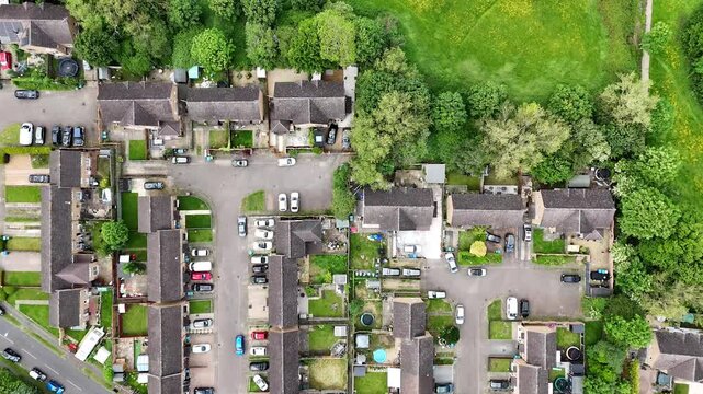 Bird's eye drone footage of the houses in Haydon Hill neighborhood in Aylesbury, England, UK