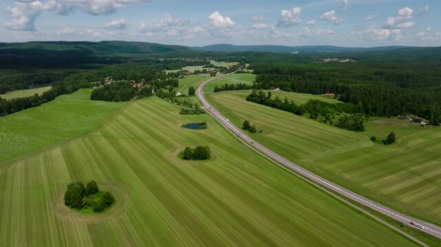 Drone parallax over green fields in Sweden sunny summer day