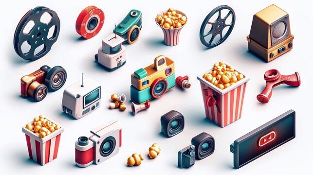 Collezione di icone 3D, che rappresentano vari aspetti del cinema e dell'intrattenimento audiovisivo.