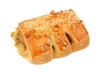 Bun with nuts on a plate, on a white background