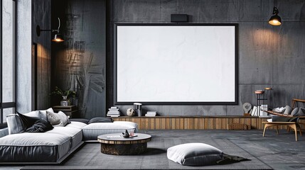 Poster bianco con cornice nera appeso a una parete in un salotto moderno