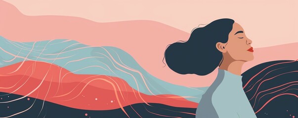 Side view flat design of a person practicing deep breathing exercises, with soft flowing lines and tranquil surroundings, promoting mindfulness