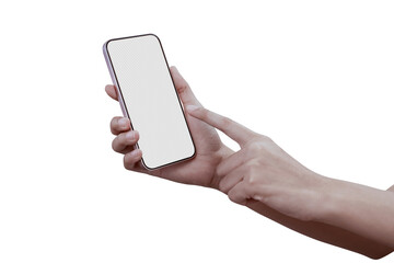 Close-up of a woman hand holding a smartphone. isolated Transparent mobile screen mockup.