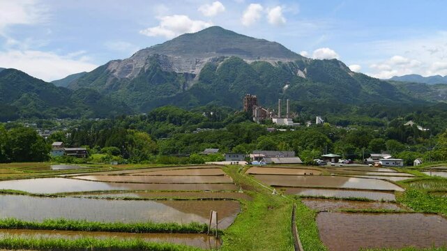Panoramic view of Mt. Buko in Saitama, Japan, with rice fields