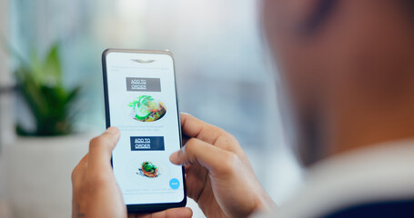 Hands, phone and man order food online with menu for dinner, meal or supper at home. Technology, restaurant and person scroll with cellphone screen on internet for gourmet dish for lunch at apartment