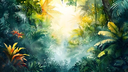 Vibrant Watercolor Panorama of Lush Tropical Rainforest Teeming with Exotic Flora and Fauna