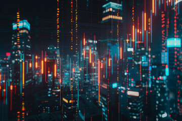 Neon light bars and glowing graphs overlay a futuristic cityscape, embodying technology, data analysis, and the pulse of modern urban life.