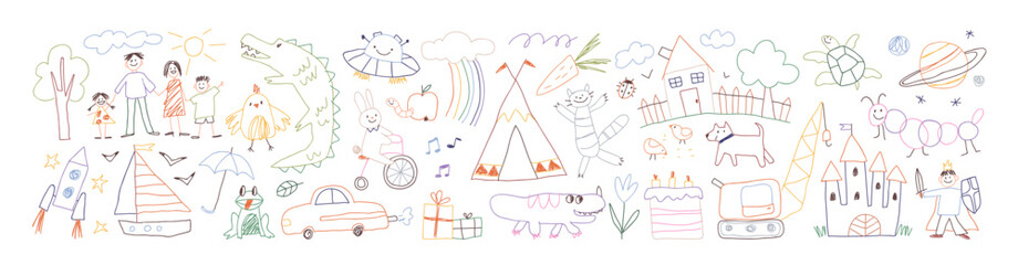 Kids drawings set. Childrens doodle pencil sketches. Childs line scribble art, hand-drawn Childish design elements. Flat vector illustration isolated on white background