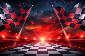 A checkered background with two red and black flags in the foreground