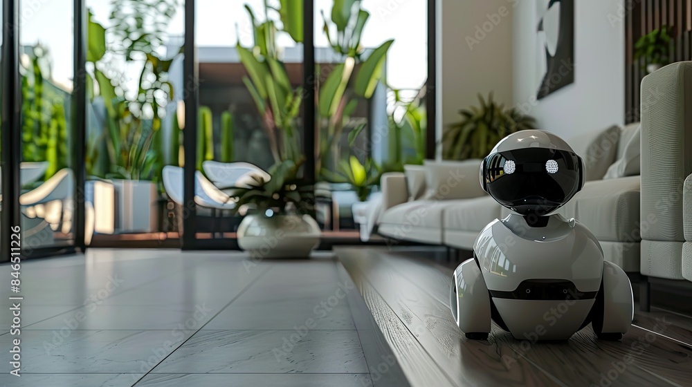 Poster a futuristic concept of an ai-driven personal assistant robot in a modern home.
