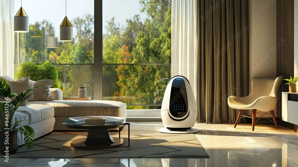 Aufkleber a futuristic concept of an ai-driven personal assistant robot in a modern home.