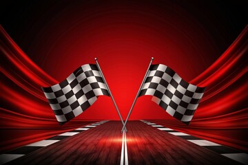 Two checkered flags are flying in the air above a red background