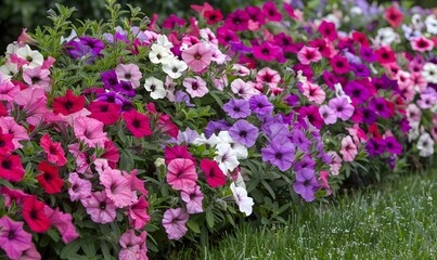Obraz premium flower border with colouful flowering Petunia Wave Sweetheart, Generative AI