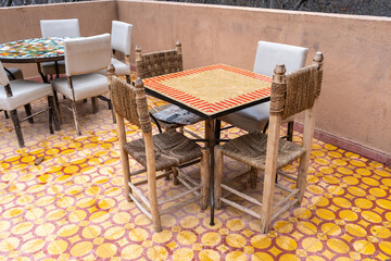 Street Restaurant Table in Moroccan Cafe Mountains View, Winter Morocco, Empty Cafe Tables, Authentic Exotic