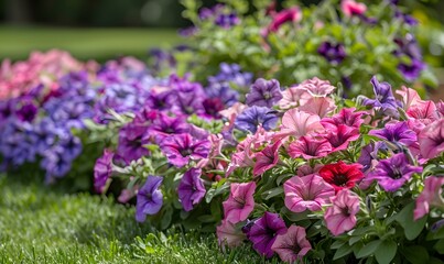 Obraz premium flower border with colouful flowering Petunia Wave Sweetheart, Generative AI