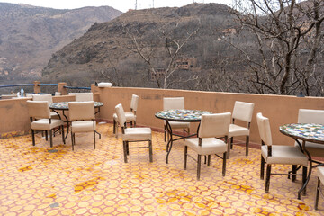 Street Restaurant Table in Moroccan Cafe Mountains View, Winter Morocco, Empty Cafe Tables, Authentic Exotic