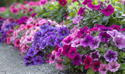 Obraz premium flower border with colouful flowering Petunia Wave Sweetheart, Generative AI