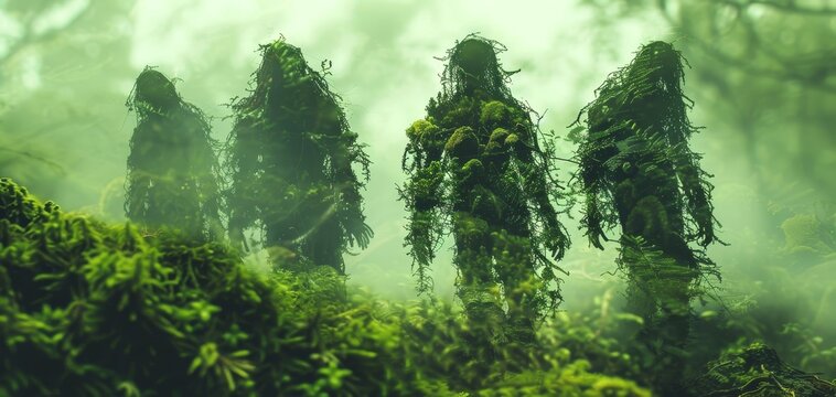 Mossy Forest Floor close up, focus on, copy space Bright, natural visuals Double exposure silhouette with people and mossy forest floors