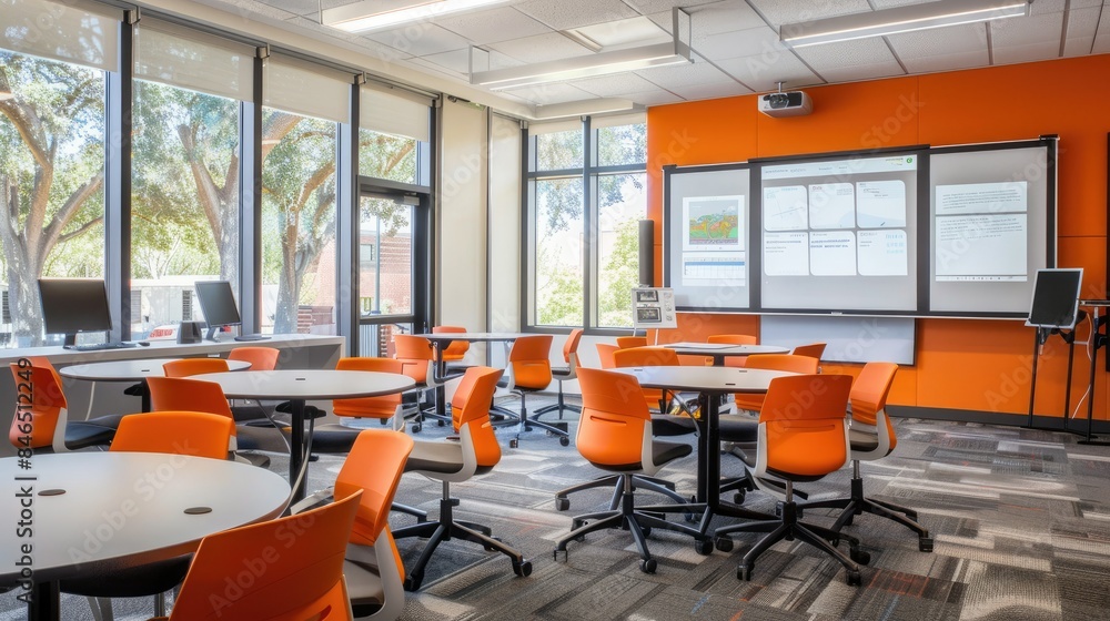 Poster a modern classroom equipped with interactive whiteboards and advanced learning technologies.