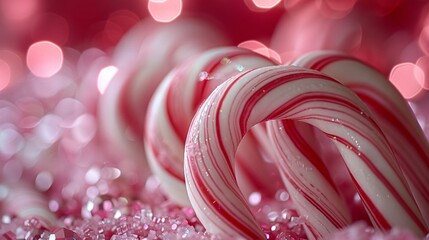 A festive display of candy canes and peppermint swirls, arranged in a pleasing pattern, shot on 70mm lens with depth of field and bokeh, digitally enhanced for a clean look