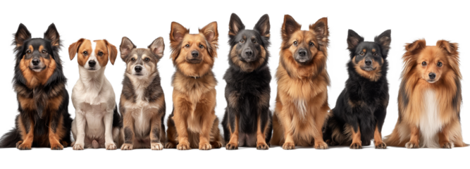Group of various dog breeds on transaparent png file