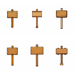 Wooden signboard set. Medieval vintage wood sign board on pole Road direction signpost collection. Rustic pointer Old blank information placard Wooden empty billboard, signboard panel. Cartoon vector.