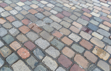 Old Stone Pavement Texture Background, Ancient Granite Cobblestone Road Pattern, Block Sidewalk