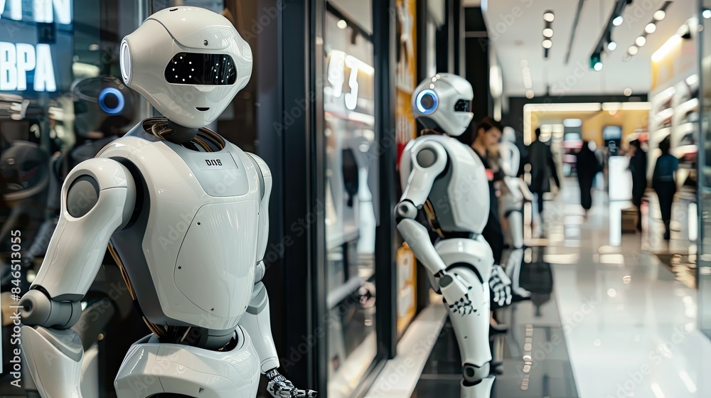 Poster ai-powered robots assisting customers in a modern retail store environment.