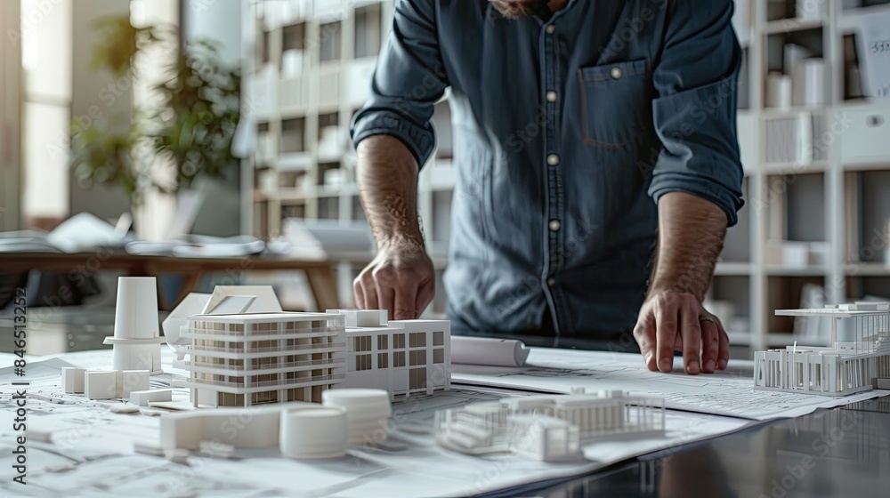 Poster architectural designer reviewing blueprints with models in the background
