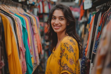 Cheerful Indian woman in a yellow blouse smiles while shopping in a second-hand store