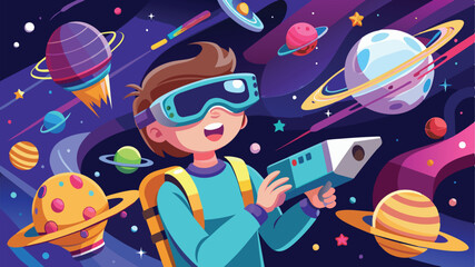 Naklejka premium Girl Immersed in Virtual Reality with Planets and Rockets