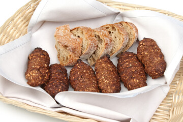 Ciabatta bread, sliced in a wicker basket