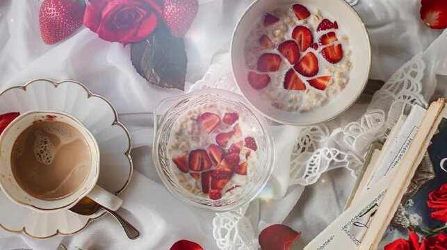 A Valentine's Day themed flatlay featuring red roses, strawberries and coffee on a white linen table cloth. A book titled "804" is open to page one.