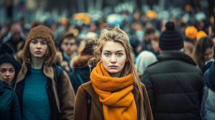 Fototapeta premium A woman boldly looks at the camera amidst a bustling street crowd, her confident gaze standing out in the throng.