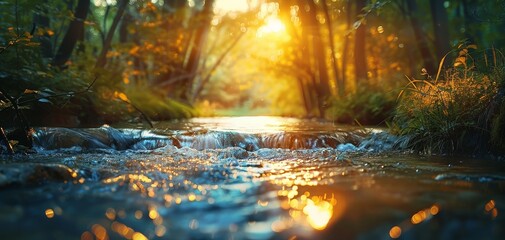 River or Stream in Forest close up, focus on, copy space Clear, scenic visuals Double exposure silhouette with people and forest rivers
